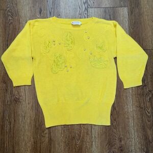 VTG 80s Beldoch Popper Yellow Floral Applique Pearl Knit Sweater Womens M READ